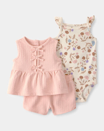 Baby Girl 3-Piece Floral Top, Bodysuit & Short Set - Pink/Cream, 