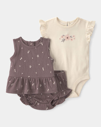 Baby Girl 3-Piece Floral Top, Bodysuit & Short Set - Brown/Ivory, 