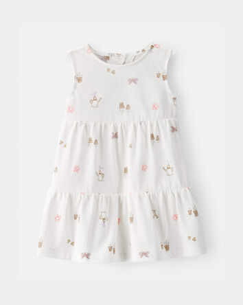 Baby Girl Gardening Print Sleeveless Dress - White, 