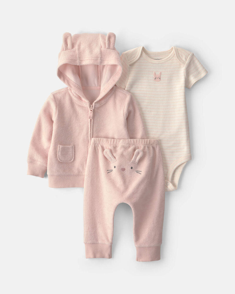 Baby Girl 3-Piece Bunny Terry Layering Set - Pink, image 1 of 6 slides