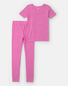 Girls PurelySoft Short-Sleeve Snug Fit 2-Piece Pajama Set - Pink, image 1 of 7 slides
