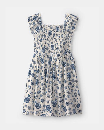 Girls Smocked Floral Dress - Blue/Ivory, 