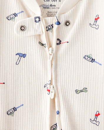 Baby Boy Construction Print Cotton Long-Sleeve Snug Fit Sleep & Play Pajamas - White, 