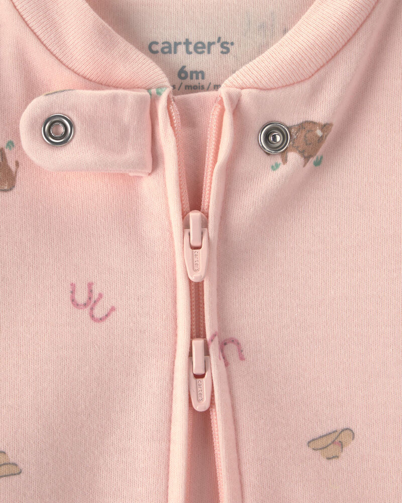 Baby Girl Western 100% Cotton 2-Way Zip Sleep & Play Pajamas - Pink, image 2 of 4 slides