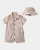 Baby Boy 2-Piece Canvas Short-Sleeve Romper Set - Khaki, image 1 of 3 slides
