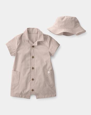 Baby Boy 2-Piece Canvas Short-Sleeve Romper Set - Khaki, 