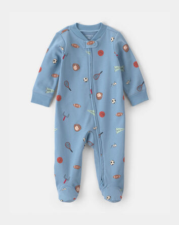 Baby Boy Sports 100% Cotton 2-Way Zip Sleep & Play Pajamas - Blue, 