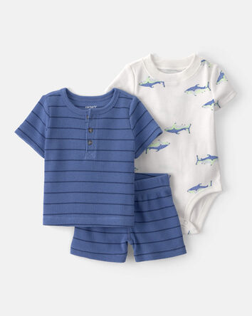 Baby Boy 3-Piece Shark Striped Outfit Set - Blue/White, 