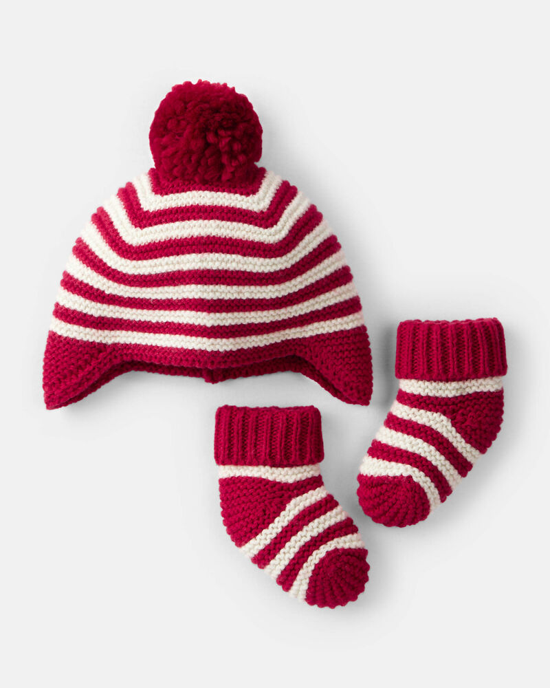 Baby Striped Crochet Pom Winter Hat & Socks Set - Red/White, image 1 of 2 slides