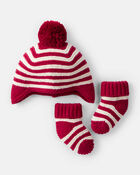 Baby Striped Crochet Pom Winter Hat & Socks Set - Red/White, image 1 of 2 slides