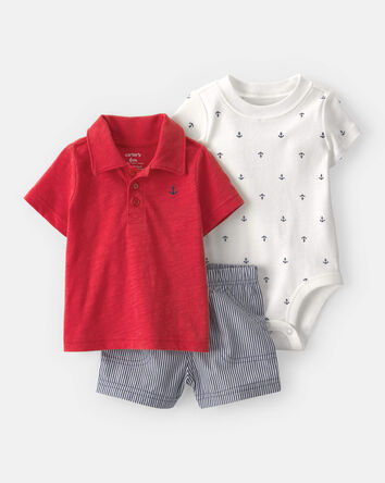 Baby Boy 3-Piece Anchor Polo Outfit Set - Red/Blue/White, 