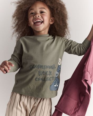 Toddler 'Rock Collector' Long-Sleeve Relaxed Graphic Tee - Olive, 