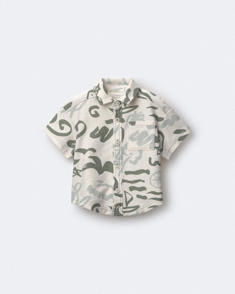 Toddler Boy Button-Down Short-Sleeve Shirt in Beach Print - Cream, image 2 of 6 slides