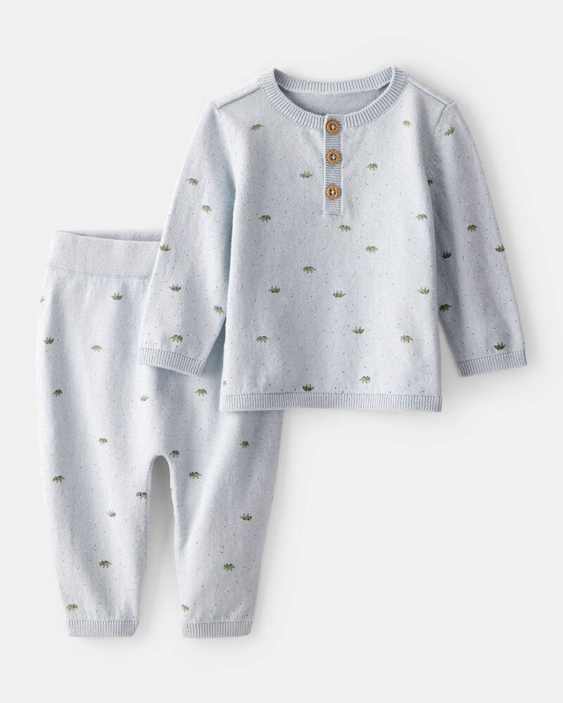 Baby Boy Dinosaur Print Cotton Long-Sleeve Tee & Pant Set - Blue, image 1 of 3 slides
