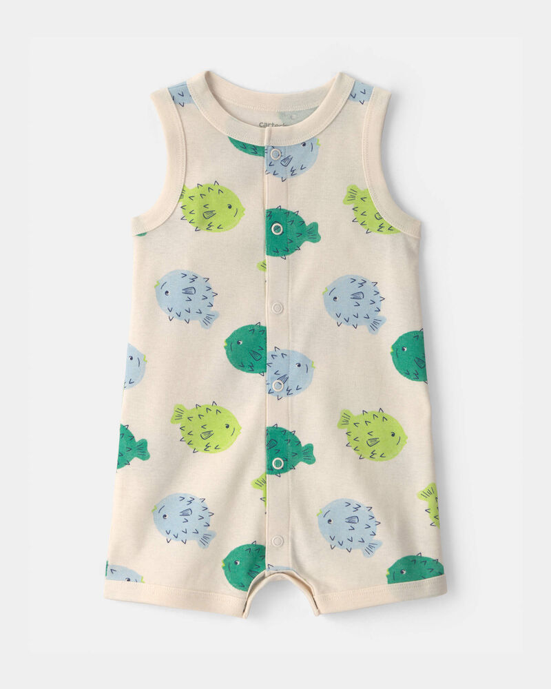 Baby Pufferfish Sleeveless Romper - Cream/Green, image 1 of 3 slides