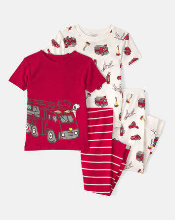 Baby Boy Firetruck Striped 100% Cotton Snug Fit 4-Piece Pajama Set - Red/White, 
