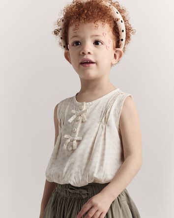 Toddler Girl Sleeveless Bow Top in Rainbow Print - Cream, 