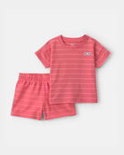 Toddler Boy 2-Piece Stripe Short-Sleeve Top & Short Set - Coral, image 1 of 3 slides