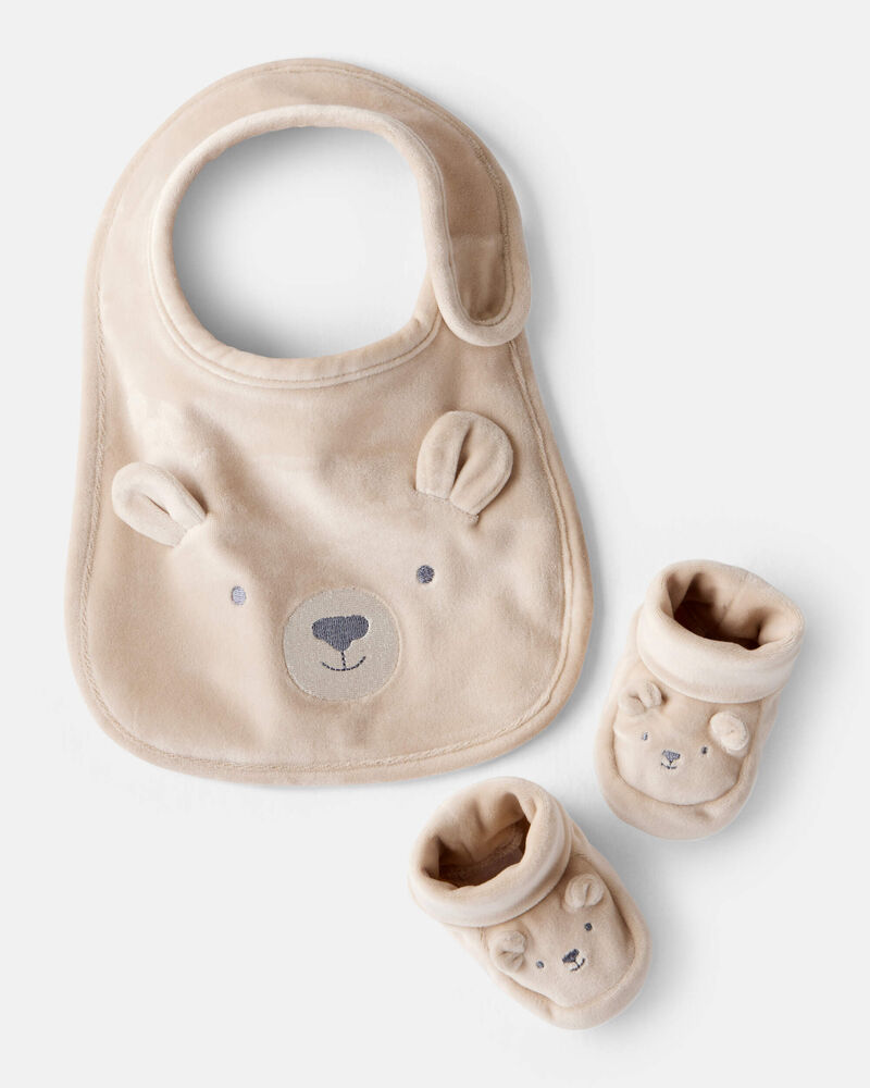 Baby Bear Bib & Booties Gift Set - Tan, image 1 of 2 slides
