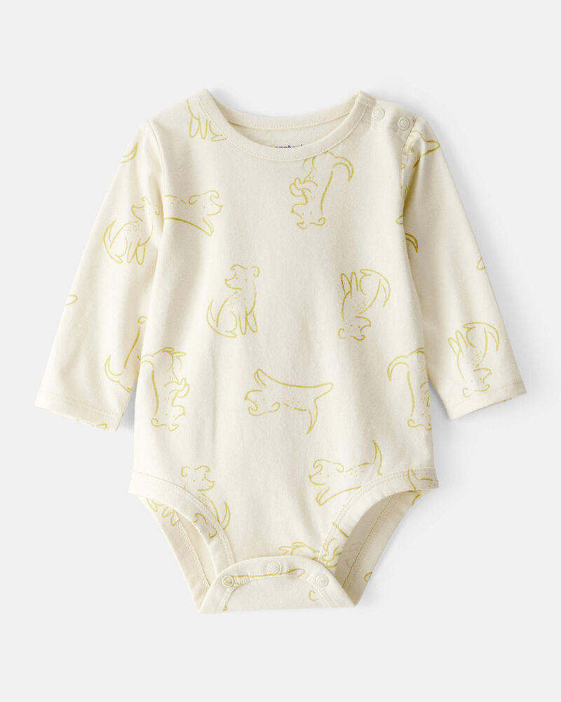 Baby Boy Dog Print Cotton Long-Sleeve Fashion Bodysuit - Ivory, image 1 of 3 slides