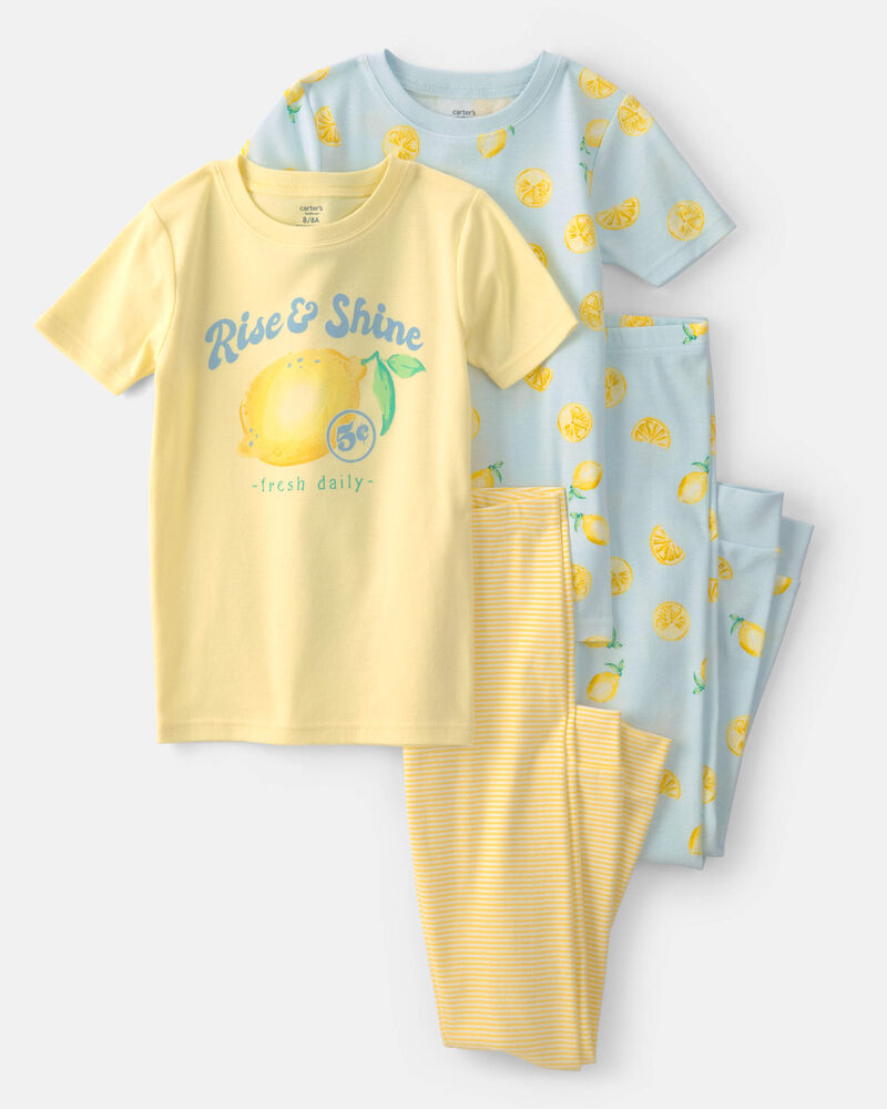 Girls Lemon 100% Cotton Snug Fit 4-Piece Pajama Set - Blue/Yellow, image 1 of 4 slides