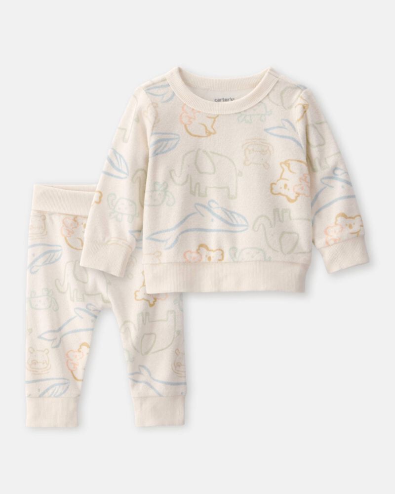 Baby 2-Piece Animal Friends Terry Pullover Sweatshirt & Pant Set - Ivory, image 1 of 5 slides