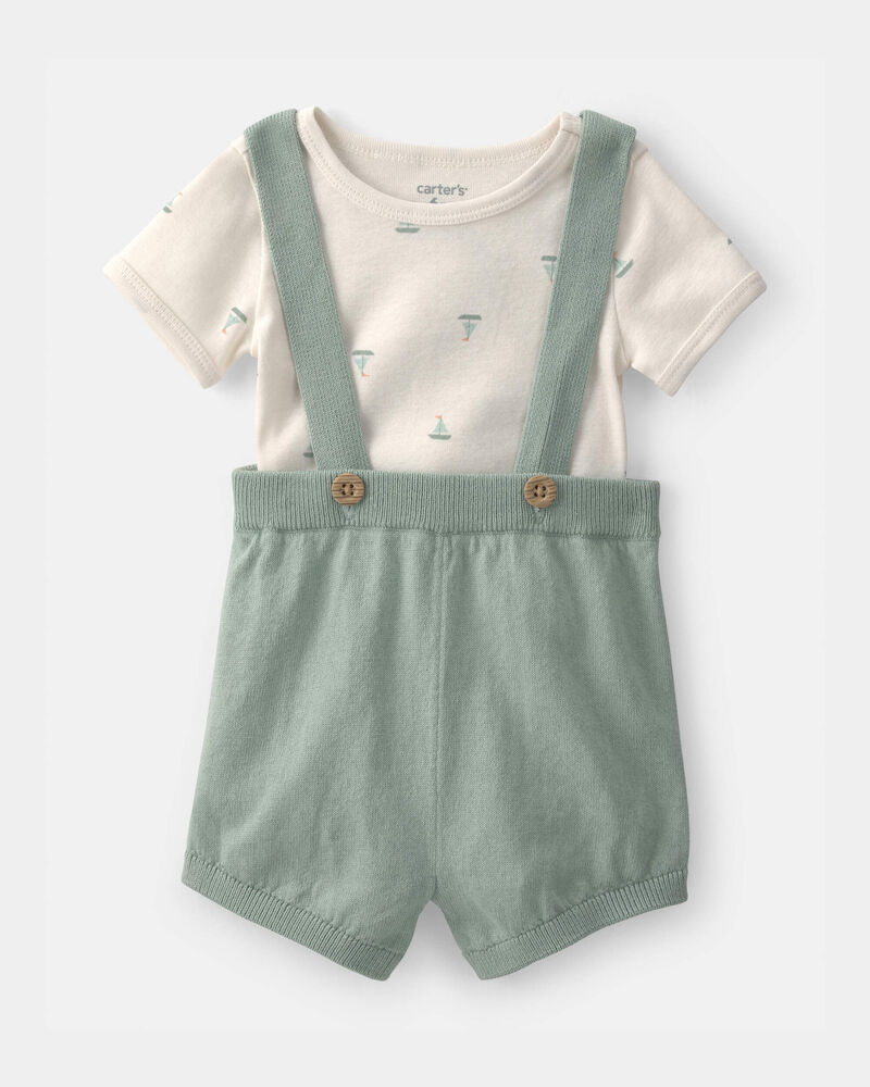 Baby 2-Piece Sailboat Overall Set - Green/Ivory, image 2 of 6 slides