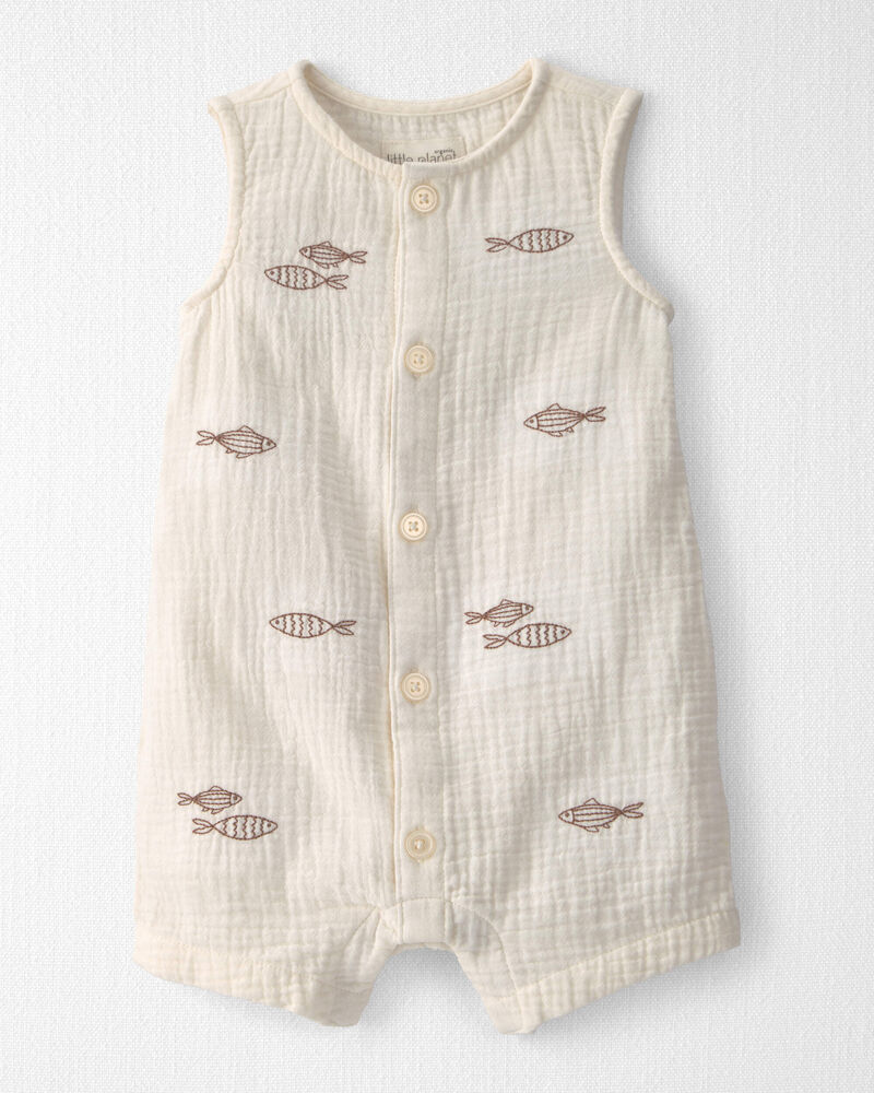 Baby Organic Cotton Gauze Embroidered Romper, image 1 of 5 slides