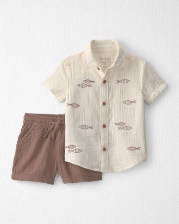 Toddler Boy 2-Piece Organic Cotton Gauze Embroidered  Top & Short Set, 
