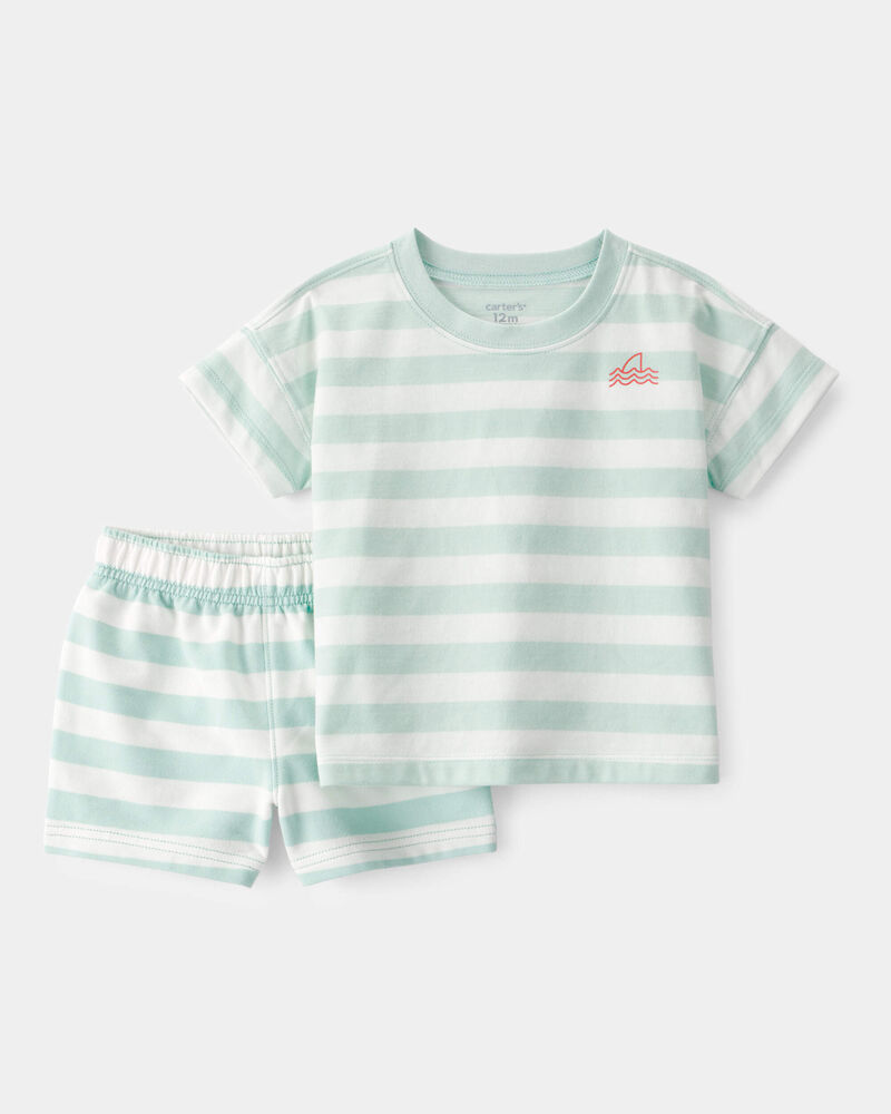 Baby Boy 2-Piece Shark Striped Top & Short Set - Blue/Ivory, image 1 of 3 slides