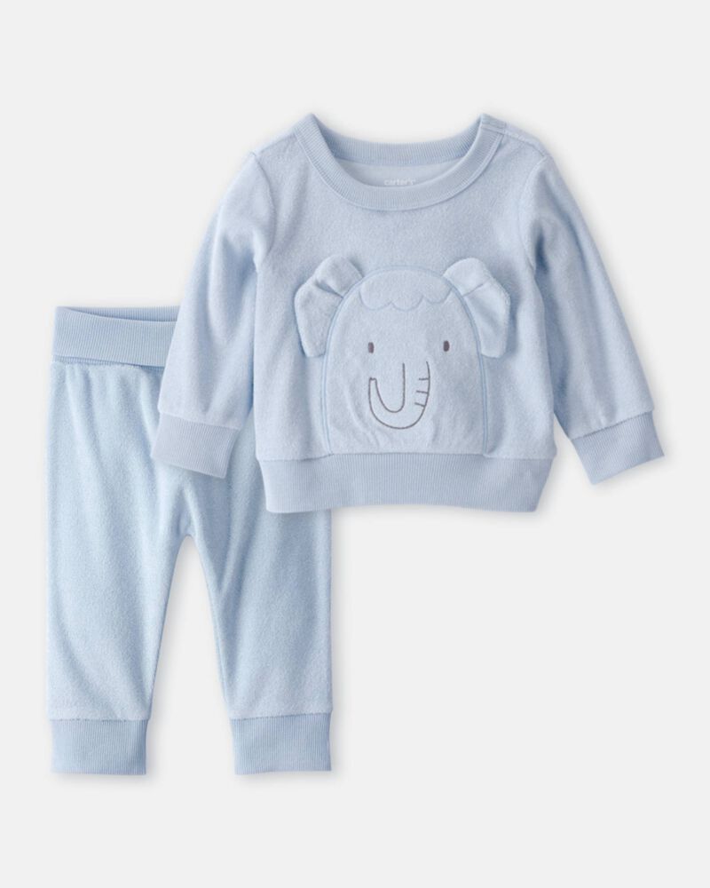 Baby Boy 2-Piece Elephant Terry Pullover Sweatshirt & Pant Set - Blue, image 1 of 7 slides