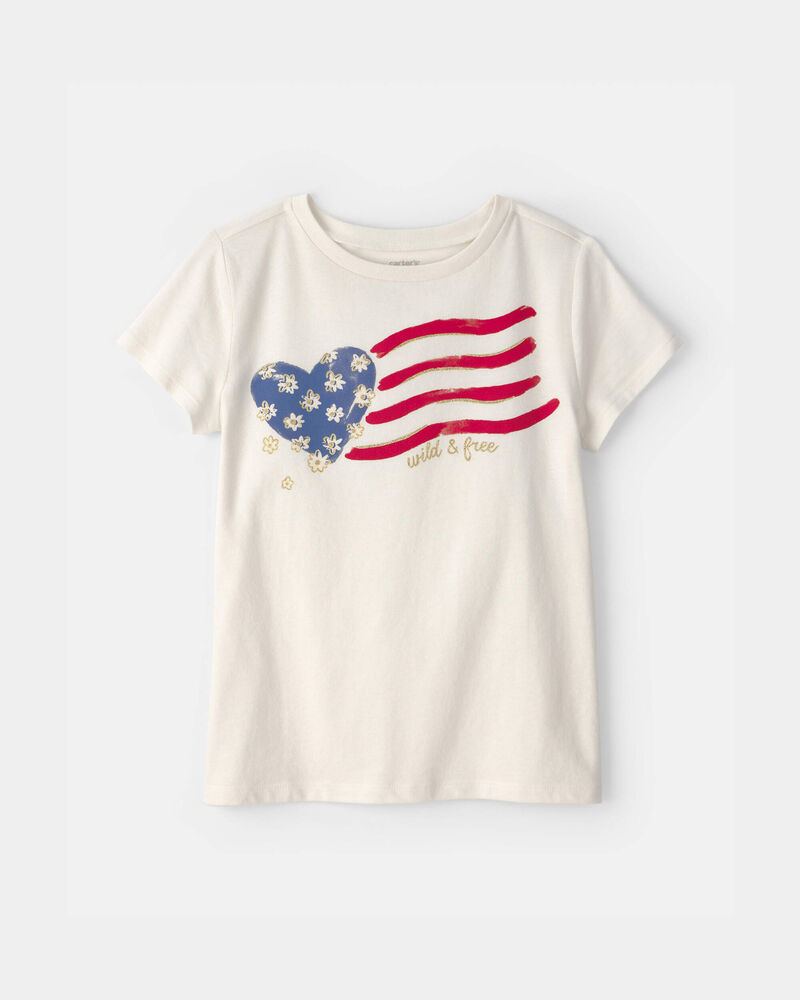 Girls 'Wild & Free' American Flag Graphic Tee - Cream, image 1 of 3 slides
