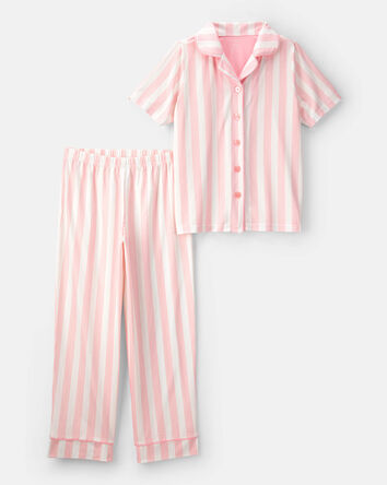 Girls Striped Loose Fit 2-Piece Pajama Set - Pink/Ivory, 