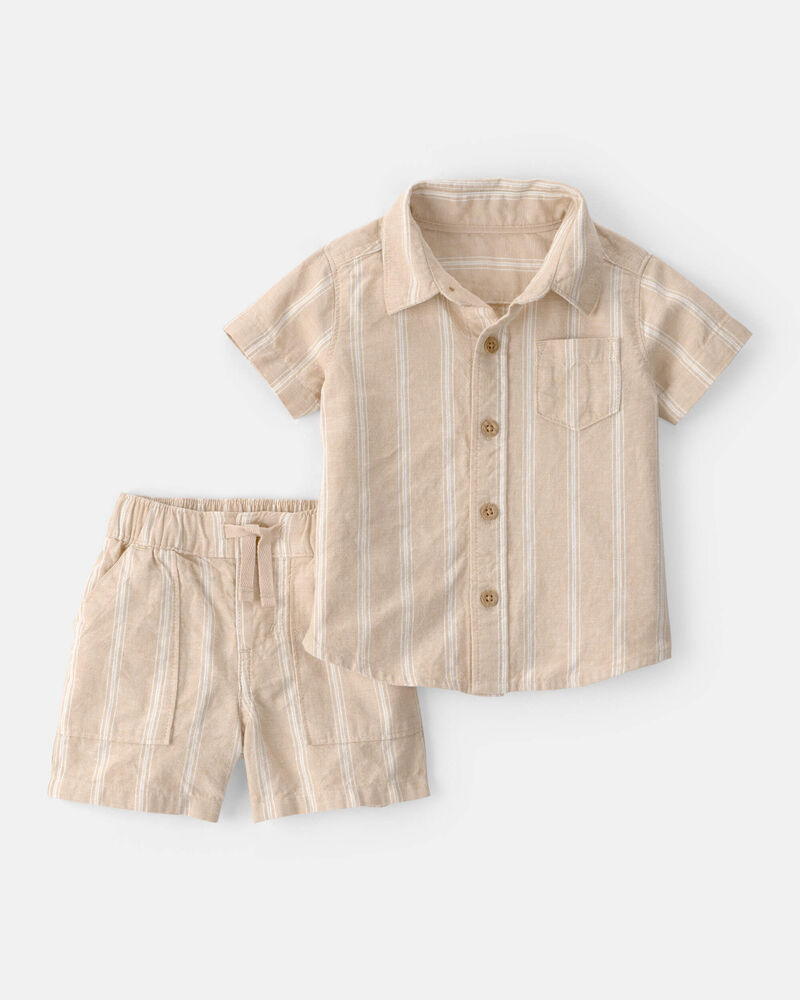 Baby Boy 2-Piece Stripe Collared Shirt & Short Set - Khaki, image 1 of 3 slides
