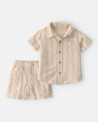 Baby Boy 2-Piece Stripe Collared Shirt & Short Set - Khaki, image 1 of 3 slides