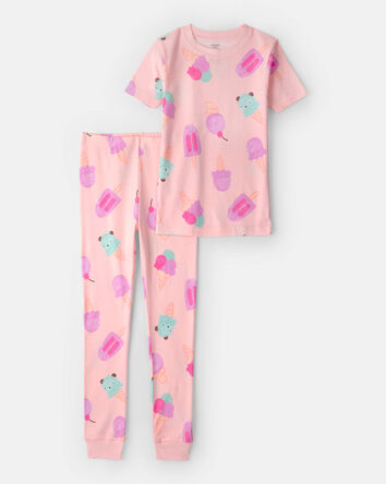 Girls Ice Cream 100% Cotton Short-Sleeve Snug Fit 2-Piece Pajama Set - Pink, 