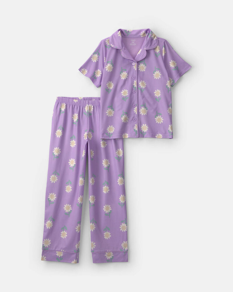 Girls Flower Short-Sleeve 2-Piece Pajama Set - Purple, image 1 of 3 slides