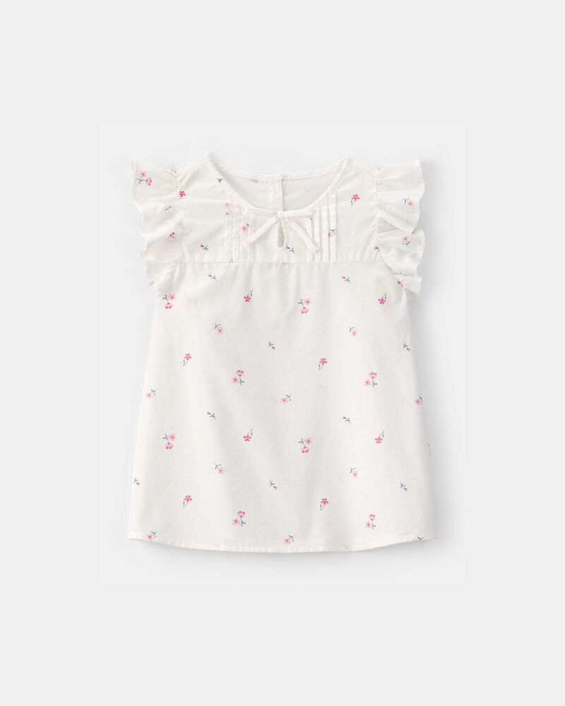Girls Flutter-Sleeve Floral Top - White, image 1 of 3 slides