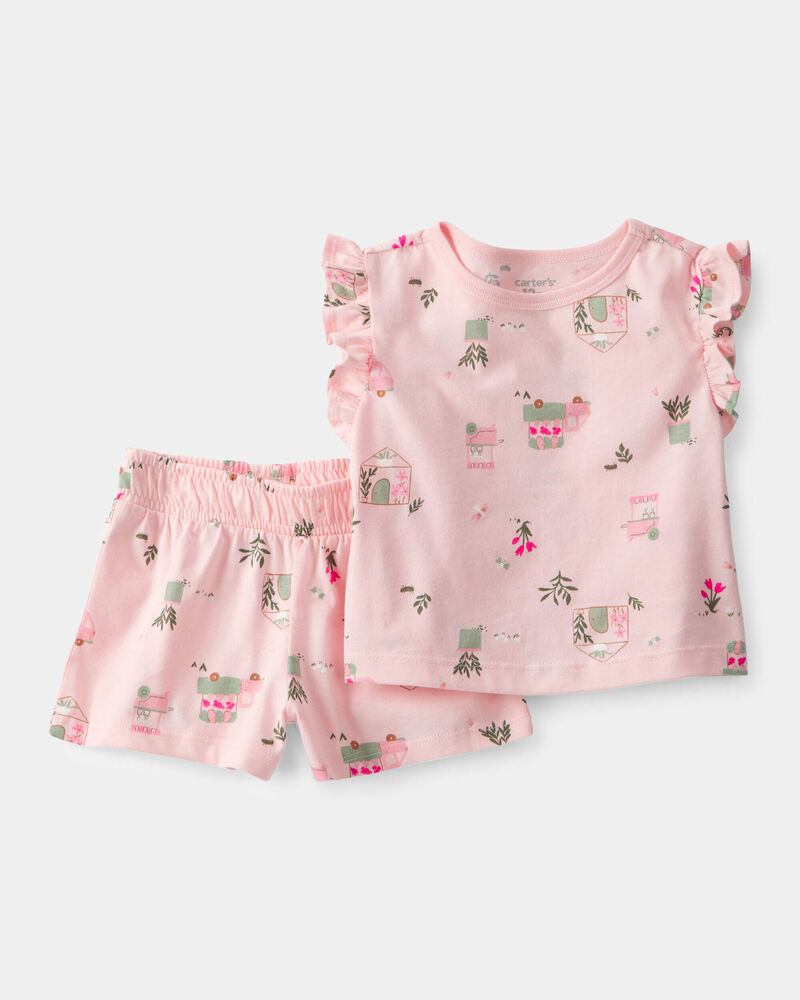 Baby Girl 2-Piece Flower Truck Top & Short Set - Pink, image 1 of 3 slides