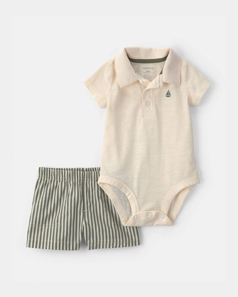 Baby Boy 2-Piece Polo Shirt & Short Set - Cream/Green, image 1 of 4 slides
