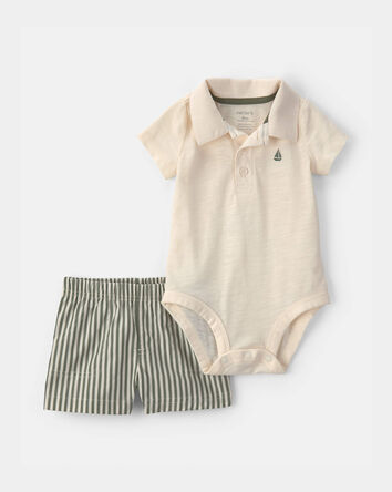 Baby Boy 2-Piece Polo Shirt & Short Set - Cream/Green, 