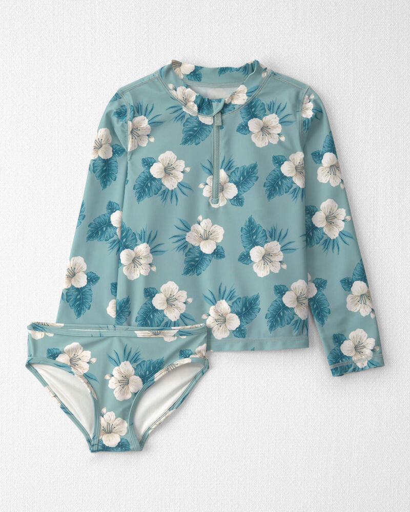 Girls 2-Piece Recycled Rashguard Swimsuit Set in Blue Hibiscus, image 1 of 4 slides