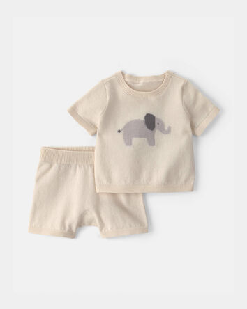 Baby 2-Piece Elephant Short-Sleeve Sweater Top & Short Set - Ivory, 
