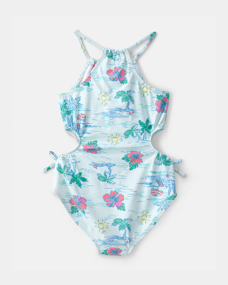 Girls 1-Piece Tropical Beach Swimsuit - Blue, image 2 of 4 slides