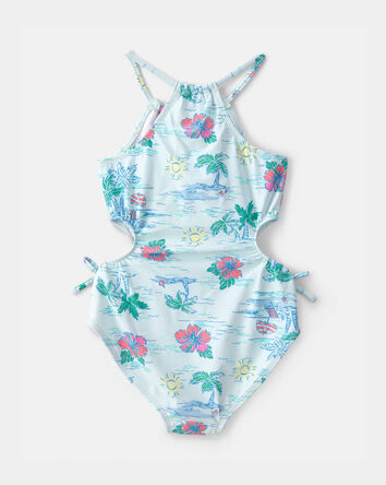Girls 1-Piece Tropical Beach Swimsuit - Blue, 