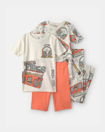 Boys 'Dance Vibes' 100% Cotton 4-Piece Pajama Set - Ivory/Orange, 