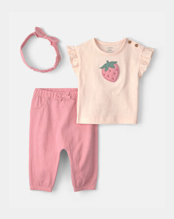 Baby Girl 3-Piece Strawberry Top & Pant Set - Pink, 