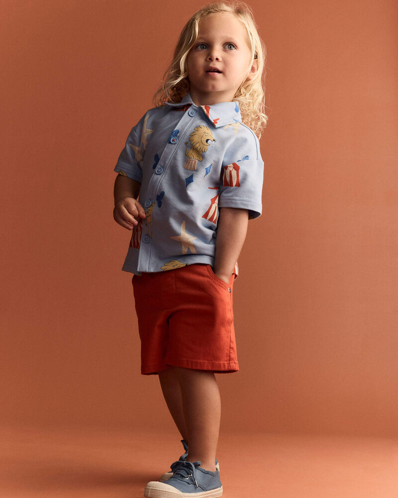 Toddler Boy Button-Down Short-Sleeve Shirt in Circus Print - Blue, image 1 of 6 slides