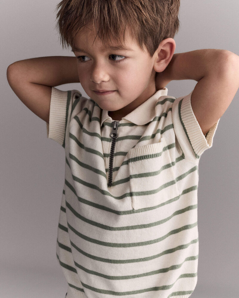 Toddler Boy Knit Zip-Up Polo in Stripes - Cream, image 1 of 6 slides