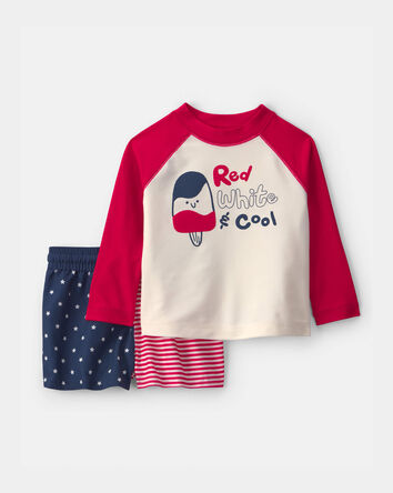 Baby Boy 2-Piece American Flag Rashguard Swimsuit Set - Red/White/Blue, 